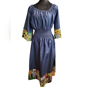 Lagogee Chambray Large African Print Stylish Blue and Multicolor Women's Dress